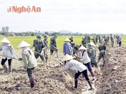 Cán bộ, chiến sĩ Lữ đoàn 16 cùng người dân thôn 3A, xã Quỳnh Tam (Quỳnh Lưu) làm đường giao thông nội đồng.