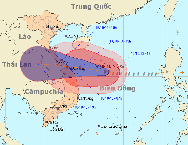 Diễn biến, dự báo đường đi của bão số 11 của Trung tâm Dự báo KTTV Trung ương lúc 21 giờ 30 phút ngày 13/10