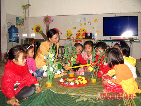 Cô trò Trường Mầm non Nghi Lâm – Nghi Lộc với trò chơi “Gắn quả trên cây”.