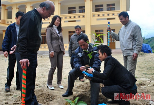 Cán bộ và nhân dân xã Yên Hòa cùng chung tay trồng cây lưu nhiệm trong lễ ra quân trồng cây đầu năm 2014