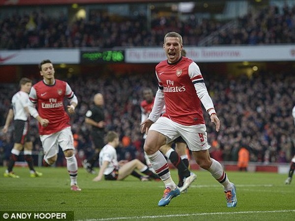 Podolski lập công mang chiến thắng về cho Arsenal. (Nguồn: Daily Mail)