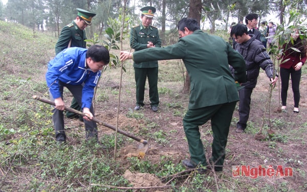 Các đoàn viên thanh niên cùng cán bộ, chiến sỹ Hải đội 2 tham gia trồng cây.