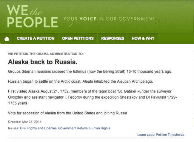 Đơn đề nghị đòi Alaska sáp nhập vào Nga được đăng trên trang pentions.whitehouse.gov