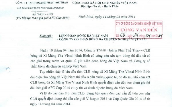 Công văn rời bỏ giải chính thức của Vissai Ninh Bình. (Ảnh: VFF)