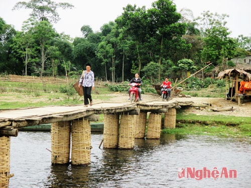 Cầu tạm do người dân làm để thu tiền tại bản Nam Sơn (Môn Sơn, Con Cuông).