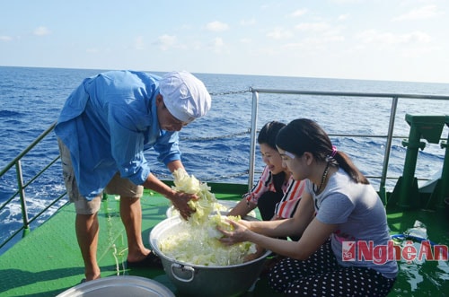 Trong chuyến công tác của đoàn số 5 ra Trường Sa, nhiều đại biểu là chị em phụ nữ đã góp tay vào giúp đỡ những đầu bếp đặc biệt.