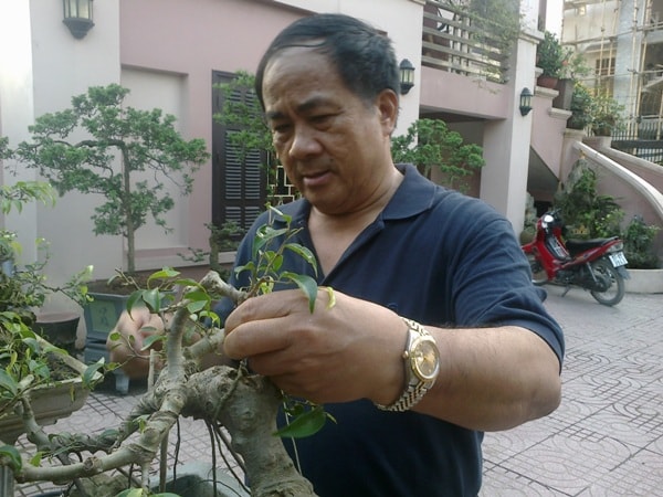 Trung tướng Đoàn Sinh Hưởng chăm sóc hoa cảnh vườn nhà khi trở vể với đời thường.