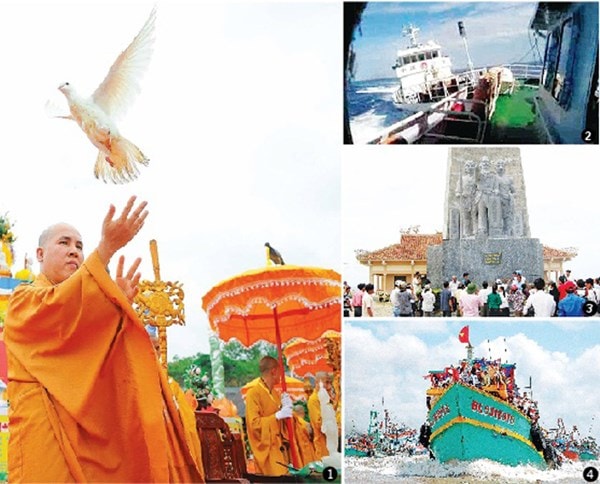 Thông điệp hòa bình ở đại lễ Vesak 2014 (ảnh 1), tàu Trung Quốc đâm thẳng vào tàu Việt Nam (ảnh 2), dưới chân tượng đài Hùng Binh Hoàng Sa ở Lý Sơn ngư dân phản đối (ảnh 3), Bất chấp những hành động ngang ngược của Trung Quốc, ngư dân miền Trung vẫn hiên ngang vươn khơi. Ảnh: Minh Đức và nhóm phóng viên.