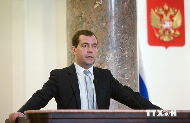 Thủ tướng Nga Dmitry Medvedev phát biểu tại cuộc họp Ủy ban mở rộng Bộ Tài chính ở Moskva ngày 15/4. (Nguồn: AFP/ TTXVN)