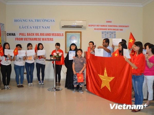 Đại diện sinh viên Việt Nam tại Ai Cập đọc quyết tâm thư bày tỏ sự tin tưởng vào chủ trương, đường lối lãnh đạo của Đảng trong cuộc đấu tranh bảo vệ chủ quyền biển đảo của Việt Nam.