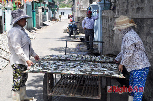 Chị Hoàng Thị Thắm (bên trái) phơi cá khô.