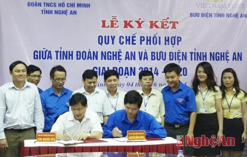 Đại diện Tỉnh đoàn và Bưu điện tỉnh Nghệ An ký kết quy chế phối hợp.