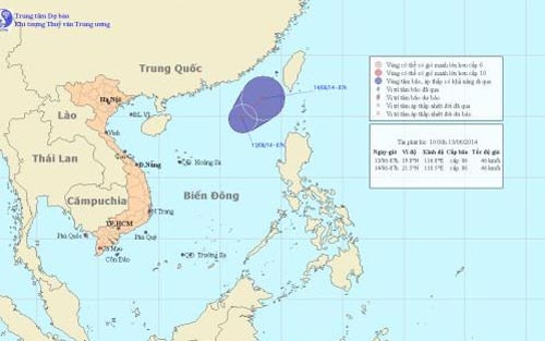 Vị trí đường đi của áp thấp nhiệt đới trên biển Đông