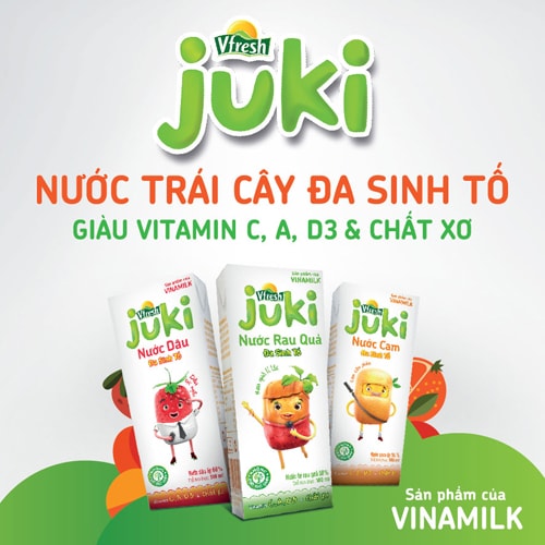 Nước trái cây đa sinh tố Vfresh Juki là sản phẩm của Vinamilk, hiện có 3 hương vị cho bé lựa chọn: Cam, Dâu và đặc biệt Rau Quả - được chế biến từ 13 loại rau quả hỗn hợp, gồm: táo, xoài, ổi, bí đỏ, chuối, dứa, cà chua, cà rốt, củ cải đỏ, mầm lúa mạch, dưa chuột ngâm, ớt ngâm, bó xôi. Các bé hãy cùng làm quen các nhân vật của gia đình rau quả Vfresh Juki: Cam Siêu Phàm, Dâu Cực Ngầu và Rau Quả Lí Lắc nhé.