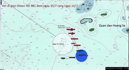 Sơ đồ thể hiện đường di chuyển của giàn khoan Hải Dương - 981 đến rạng sáng 16/7.