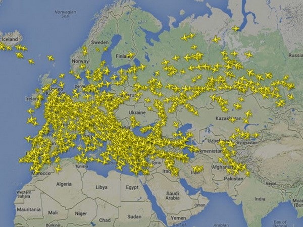 Các hãng hàng không tránh bay qua không phận Ukraine sau vụ máy bay MH17 của Malaysia bị rơi. Nguồn: flightradar24h.com