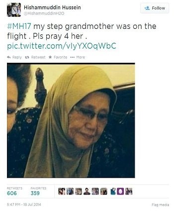 Bức ảnh bà Sri Siti Amirah được Bộ trưởng Quốc phòng Malaysia Hishammuddin Hussein chia sẻ trên Twitter. (Ảnh chụp màn hình)