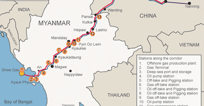 Đường sắt dự kiến xây dựng sẽ dọc theo đường ống dẫn khí đốt từ cảng miền tây Miến Điện sang vùng Vân Nam Trung Quốc. Minh họa DR