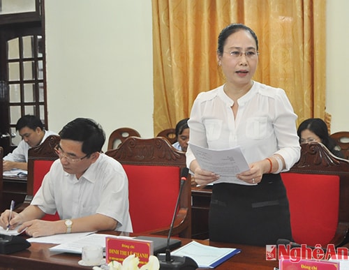 Đồng chí Phó Chủ tịch UBND tỉnh Đinh Thị Lê Thanh báo cáo việc thực hiện nhiệm vụ năm học 2013 - 2014