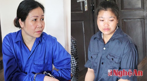 2 bị cáo Vi Thị Thu và Lữ Thị Thơm tại phiên tòa 