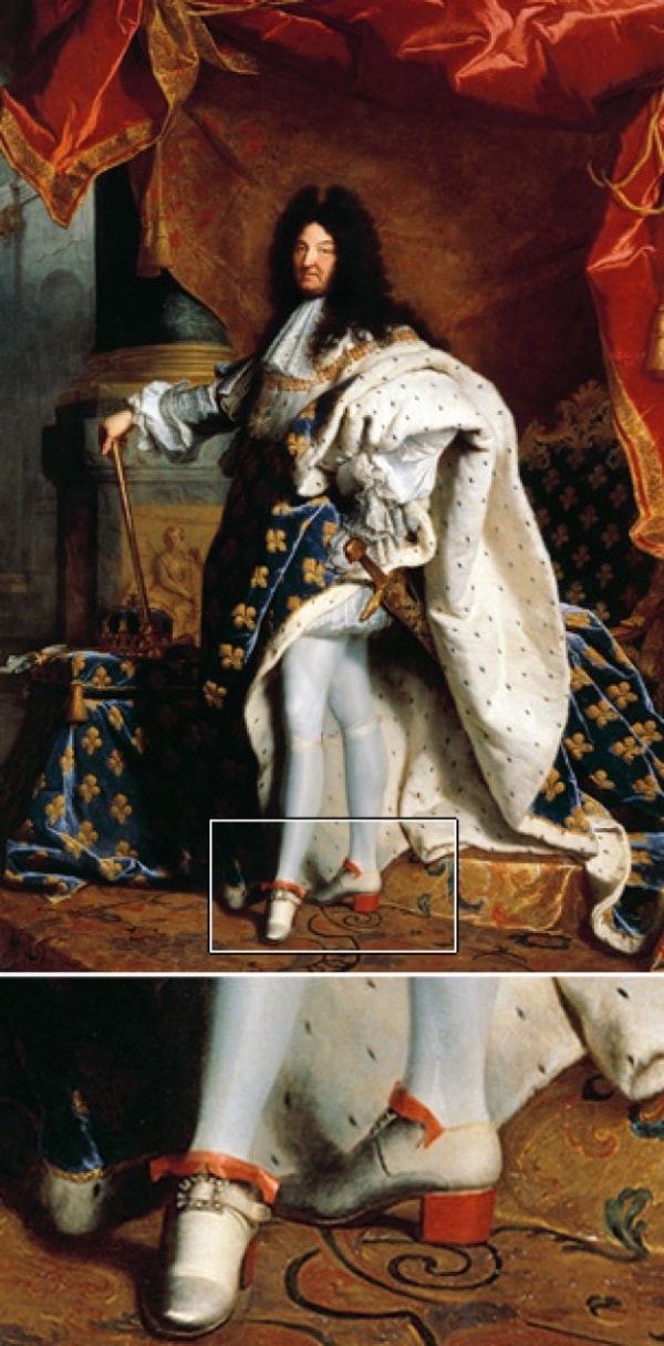 Bức họa năm 1701 do Hyacinthe Rigaud vẽ hoàng đế Louis XIV đang mang đôi giày gót đỏ
