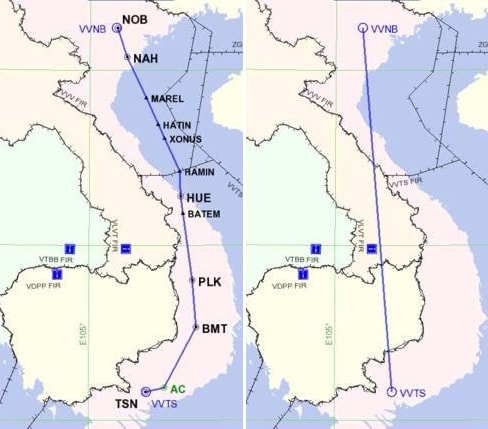 Đường bay hiện nay (bên trái) và đường bay thẳng theo đề xuất của ông Trần Đình Bá (bên phải).