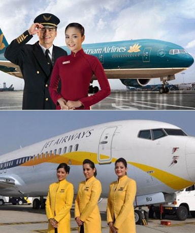 Tiếp viên hai hãng hàng không Vietnam Airlines và Jet Airways. Ảnh: Nguồn internet.