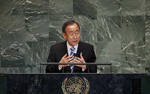 Tổng Thư ký LHQ Ban Ki moon phát biểu tại Đại hội đồng (Ảnh: AFP).