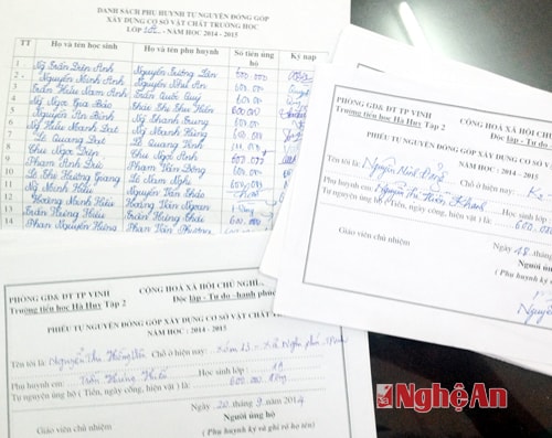 Phiếu nộp tiền “xã hội hóa” ở lớp 1A, Trường Tiểu học Hà Huy Tập 2 (TP. Vinh).