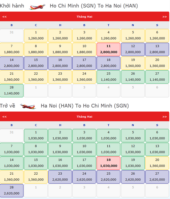 Mức giá vé khứ hồi chiều TP. HCM - Hà Nội hiện tại của Vietjet Air.