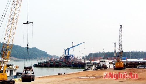 Tàu cá của ngư dân và tàu biển trọng tải lớn cùng neo đậu tại cầu cảng Cửa Lò.