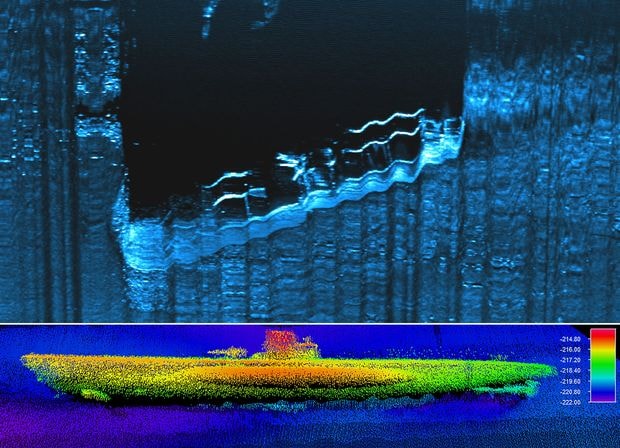 Các hình ảnh thu được của chiếc tàu ngầm Đức U-576 và tàu chở hàng Bluefield dưới đáy Đại Tây Dương.