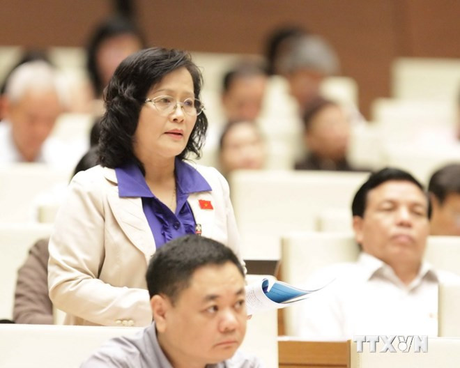 Bà Trần Thị Quốc Khánh, Đại biểu Quốc hội thành phố Hà Nội phát biểu ý kiến. Ảnh: TTXVN
