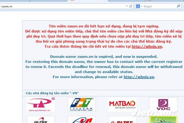   Giao diện khi truy cập một trong bẩy trang web bị ngưng hoạt động. (Ảnh: Vietnam+)