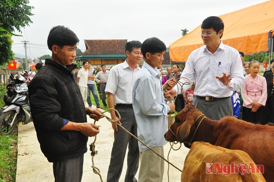 Đồng chí Lê Xuân Đại - Ủy viên BTV Tỉnh ủy - Phó chủ tịch UBND tỉnh căn dặn 3 hộ dân được tặng bò nhân dịp Ngày hội Đại đoàn kết toàn dân