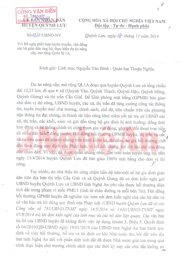 Công văn của UBND huyện Quỳnh Lưu và Đơn kiến nghị của Linh mục Nguyễn Văn Đính.