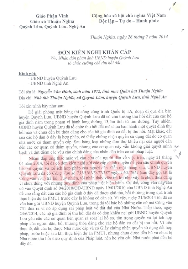 Đơn kiến nghị của Linh mục Nguyễn Văn Đính.
