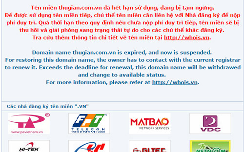  Giao diện trang mạng thugian.com.vn sau khi có quyết định thu hồi của cơ quan chức năng. (Ảnh chụp màn hình: VOV.VN)