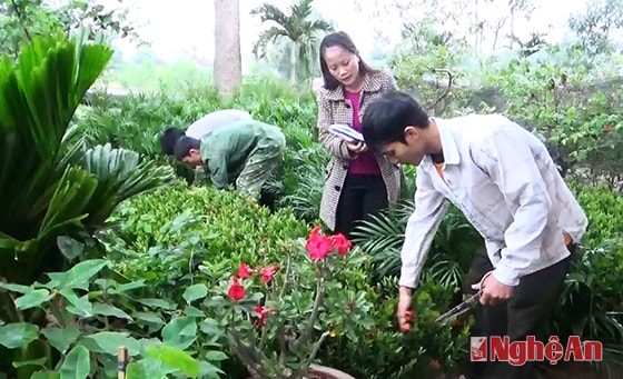 Anh Trần Văn Phú (ngoài cùng) chăm sóc vườn hoa. 