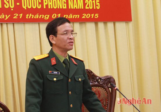 Đại tá Hà Tân Tiến - Chỉ huy trưởng Bộ chỉ huy quân sự tỉnh báo cáo kết quả thực hiện nhiệm vụ năm 2014