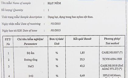 Kết quả kiểm nghiệm mẫu hạt nêm 