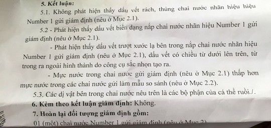 Kết luận của Viện Khoa học hình sự về chai nước Number one có ruồi