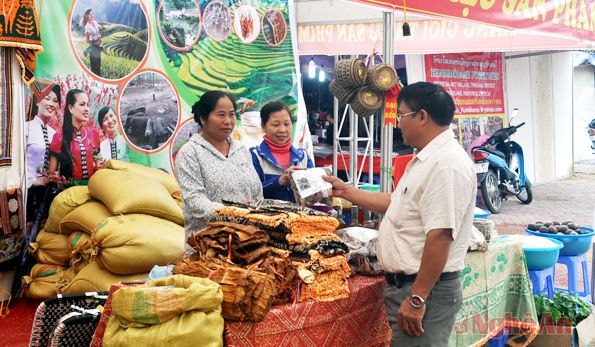 Gian hàng giới thiệu sản phẩm của huyện Quế Phong tại Hội chợ công thương vùng Bắc Trung bộ - Nghệ An 2014. Ảnh: Thu Huyền