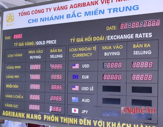 Bảng niêm yết giá vàng bạc của Chi nhánh vàng bạc Agribank