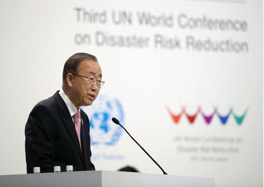 Tổng Thư ký Liên Hợp quốc Ban Ki Moon hôm 14/3 tại Sendai (Nhật Bản). Ảnh: AP