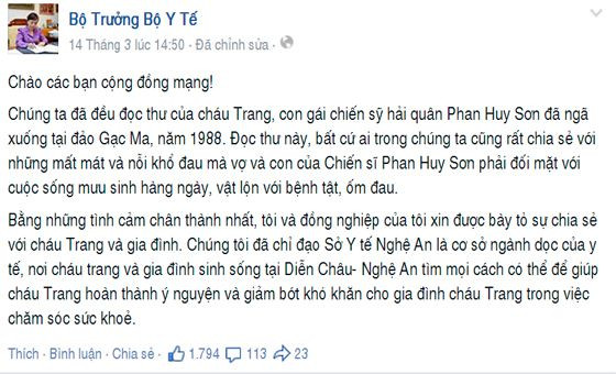 Thư trả lời của Bộ trưởng Bộ Y tế Nguyễn Thị Kim Tiến