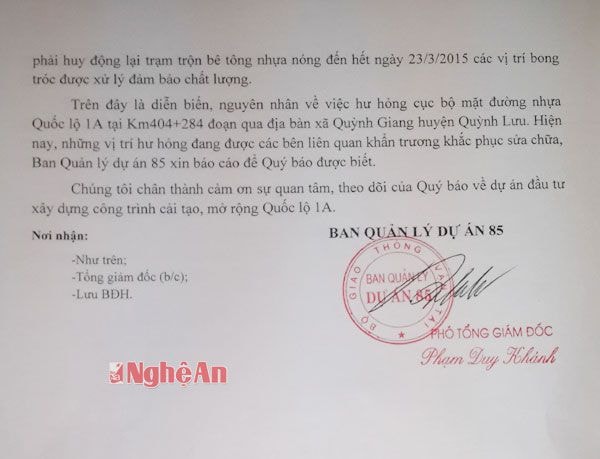 Công văn Ban Quản lý dự án 85 (Bộ GTVT) trả lời Báo Nghệ An