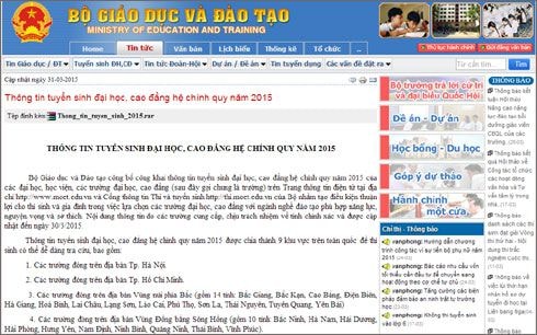 Các thông tin tuyển sinh ĐH, CĐ năm 2015 được công khai trên website của Bộ GD-ĐT