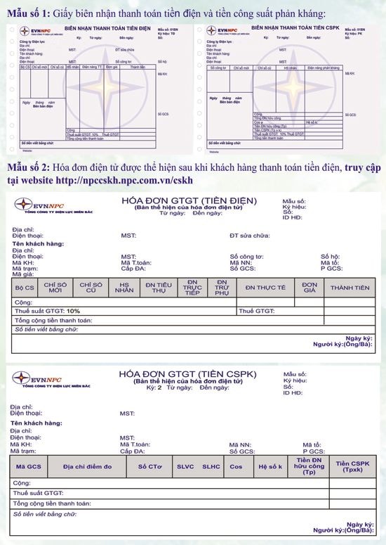 Biên nhận thanh toán tiền điện và bản thể hiện hóa đơn điện tử.