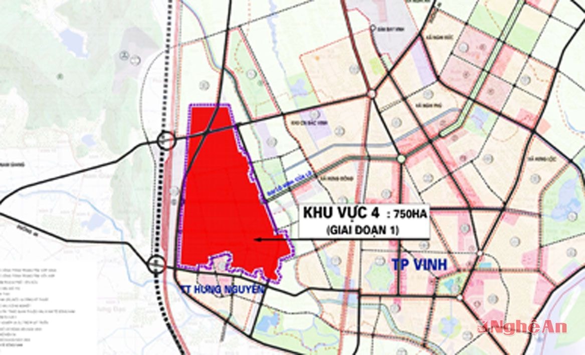 Khu vực màu đỏ là 750h Khu CN dịch vụ và đô thị VISP vừa được điều chỉnh vào KKT Đông Nam Nghệ An